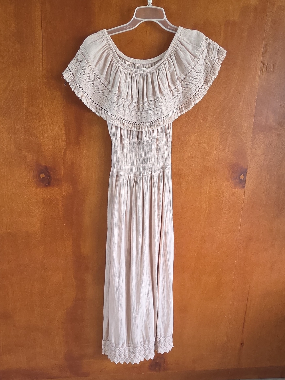Cream One-Shoulder Maxi Dress with Smocked Waist and Lace Trim
